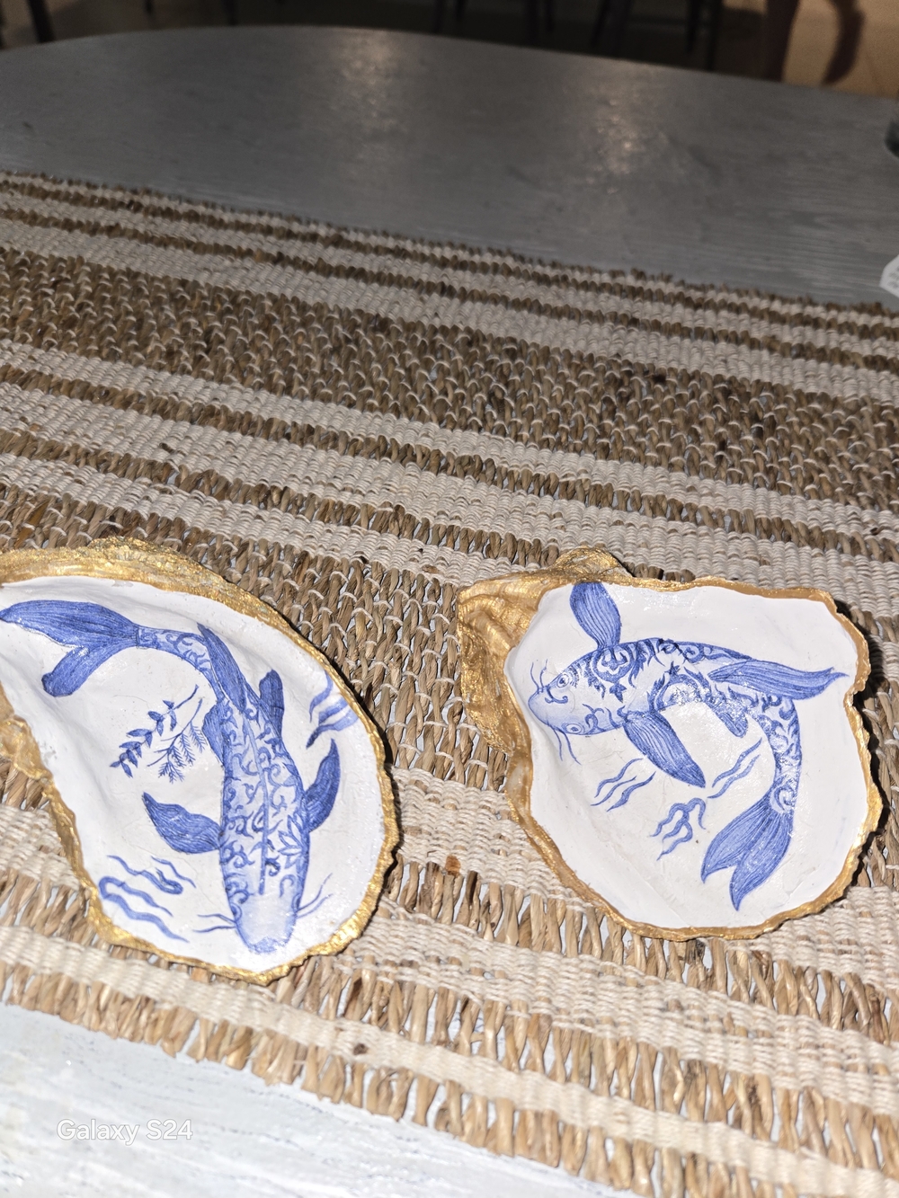 Hand-Painted Blue Koi Fish Oyster Shell Trinket Dishes with Gold Edge